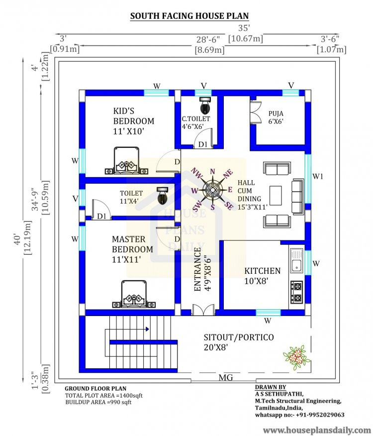 2BHK Floor Plan 1000 Sqft House Plan South Facing Plan House Plan  - 2 Bedroom House Floor Plans In India