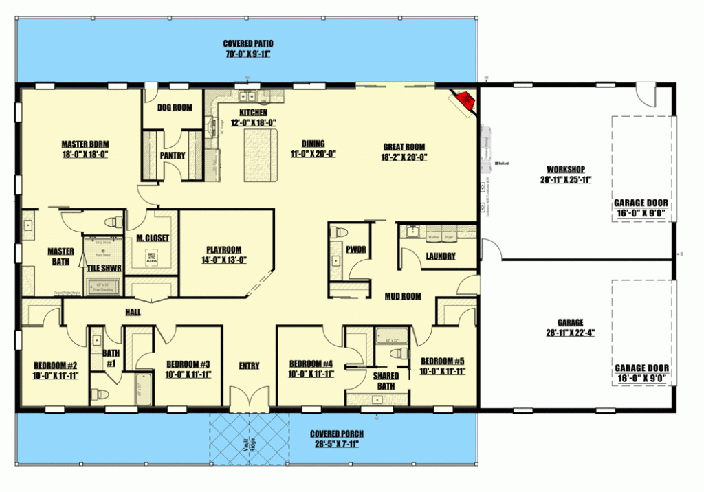 Exclusive One Story Barndominium style House Plan With 5 Beds  - 5 Bedroom 1 Story Open Floor Plan House
