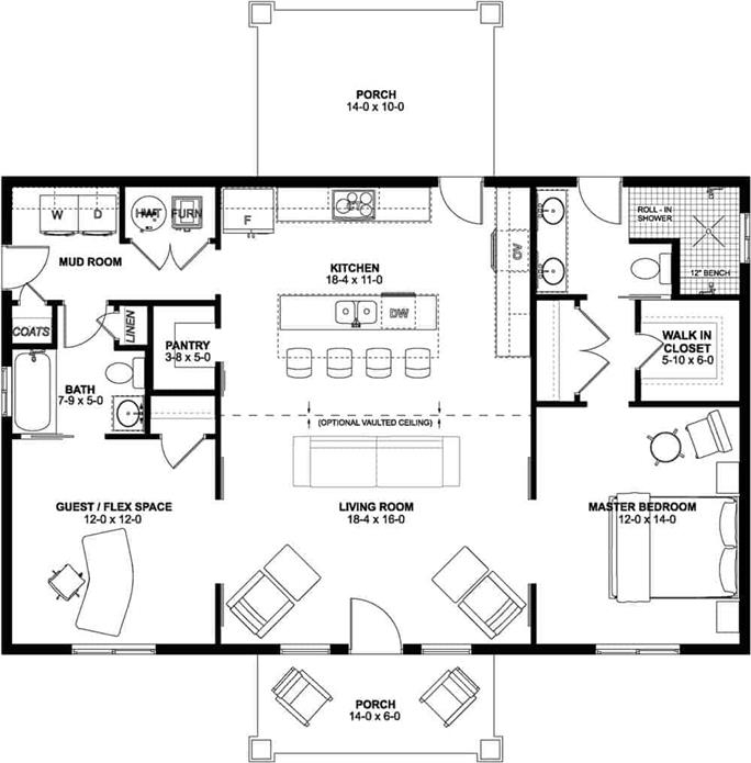 Farmhouse Home Plan 2 Bedrms 2 Baths 1232 Sq Ft 177 1060 - Best Two Bedroom House Floor Plans