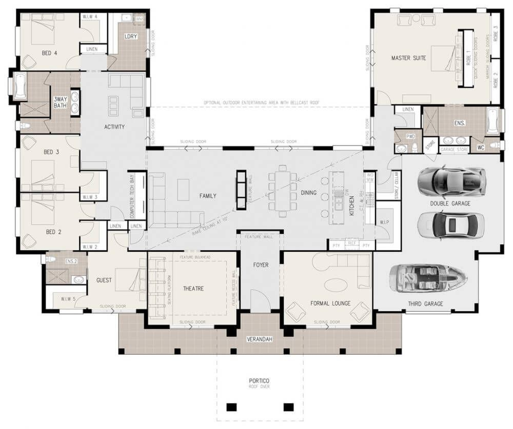 Floor Plan Friday U shaped 5 Bedroom Family Home Courtyard House  - 5 Bedroom House Floor Plans With Interior Courtyards