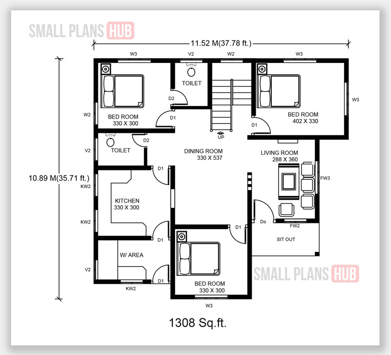 Kerala Style Three Bedroom Single Floor House Plans Under 1300 Sq ft  - Single Floor 3 Bedroom House Plans Kerala