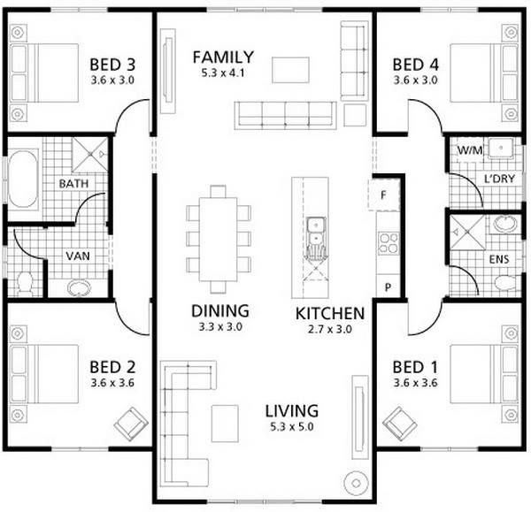 Minimalist Single Story House Plan With Four Bedrooms And Two Bathrooms  - One Floor House Plan For 4 Bedroom Midwest Style