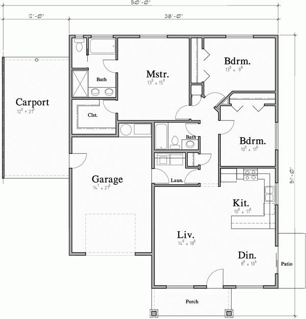 One Story Duplex House Plan 3 Bedroom With Carport - Floor Plan Of 3 Bedroom House With Carport