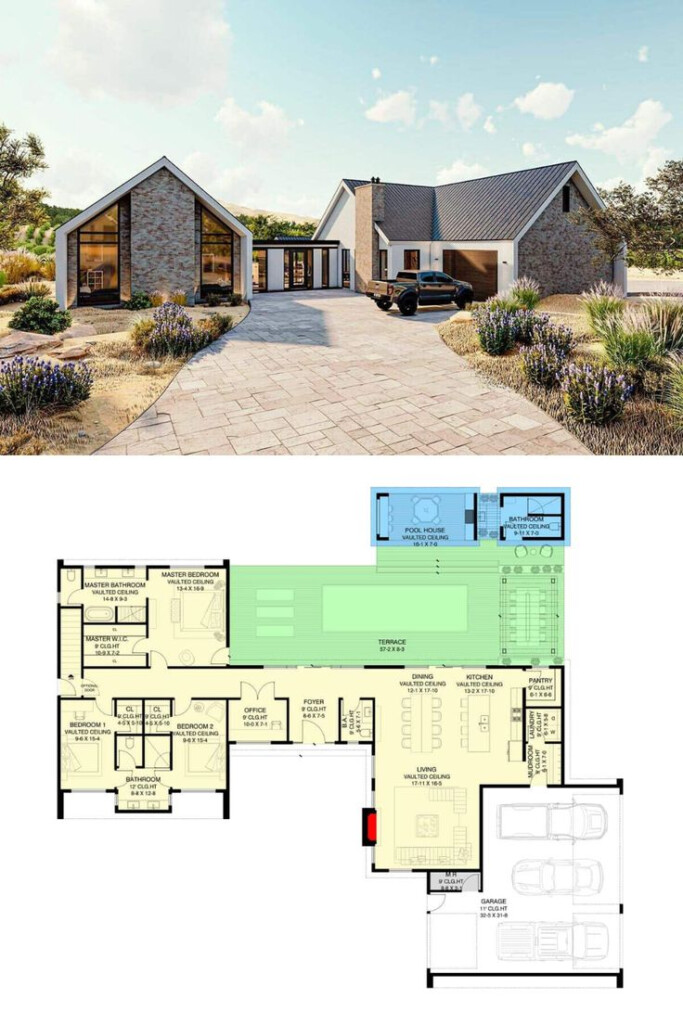 Two Story Modern Style 5 Bedroom House Plan For A Wide Lot With  - 5 Bedroom House Floor Plans With Interior Courtyards
